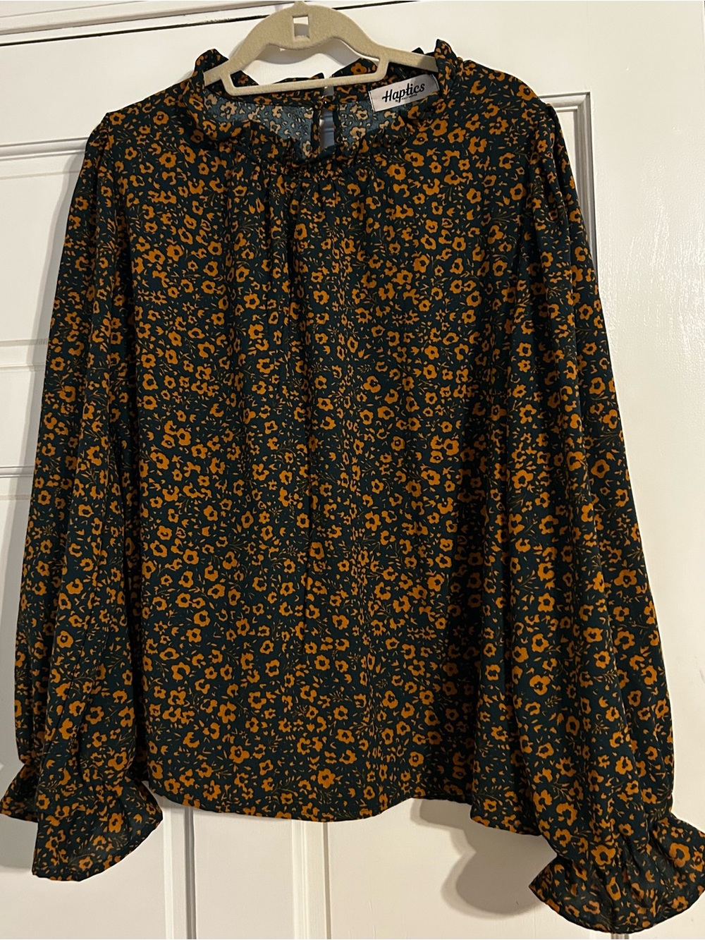 Haptics by Holly Harper Teal Orange Ditsy Floral Blouse M Autumn Fall